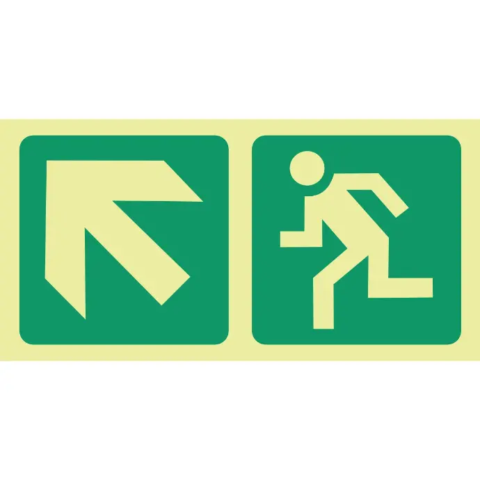E12 - SABS Photoluminescent arrow left up diagonal, running man safety sign