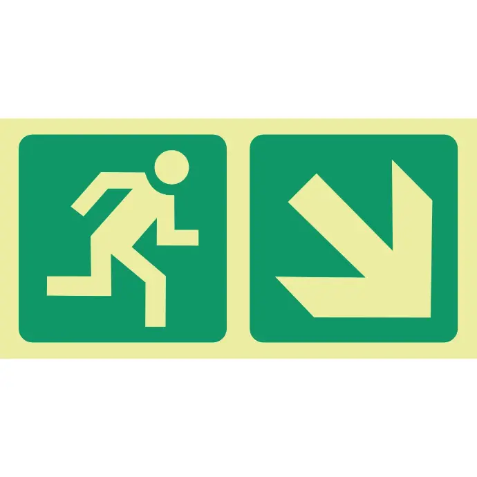 E13 - SABS Photoluminescent running man, arrow diagonal down right safety sign
