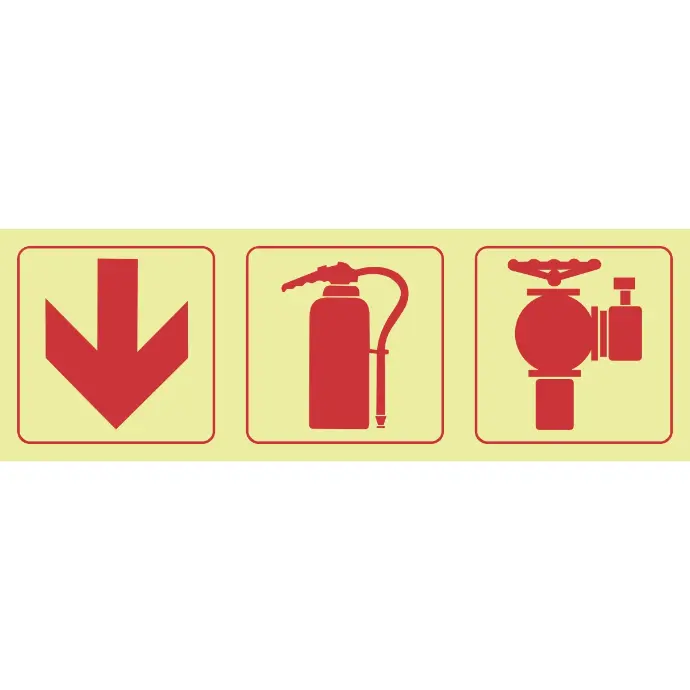 F10 - SABS Arrow down, fire extinguisher, fire hydrant photoluminescent safety sign