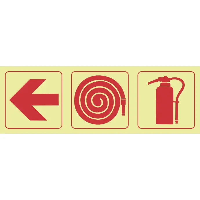 F5 - SABS Arrow left, fire hose reel, fire extinguisher photoluminescent safety sign