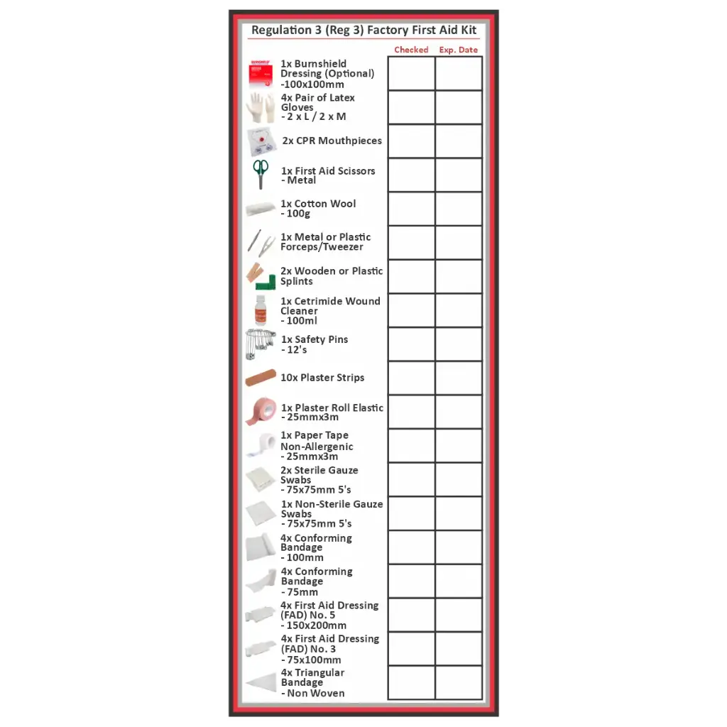 Regulation 3 (Factory) First Aid Kit Content List - Sticker